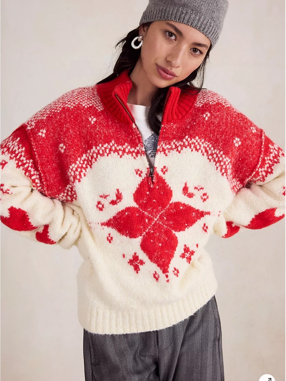 Free People Mythical Sweater Red and White, half zip, size medium